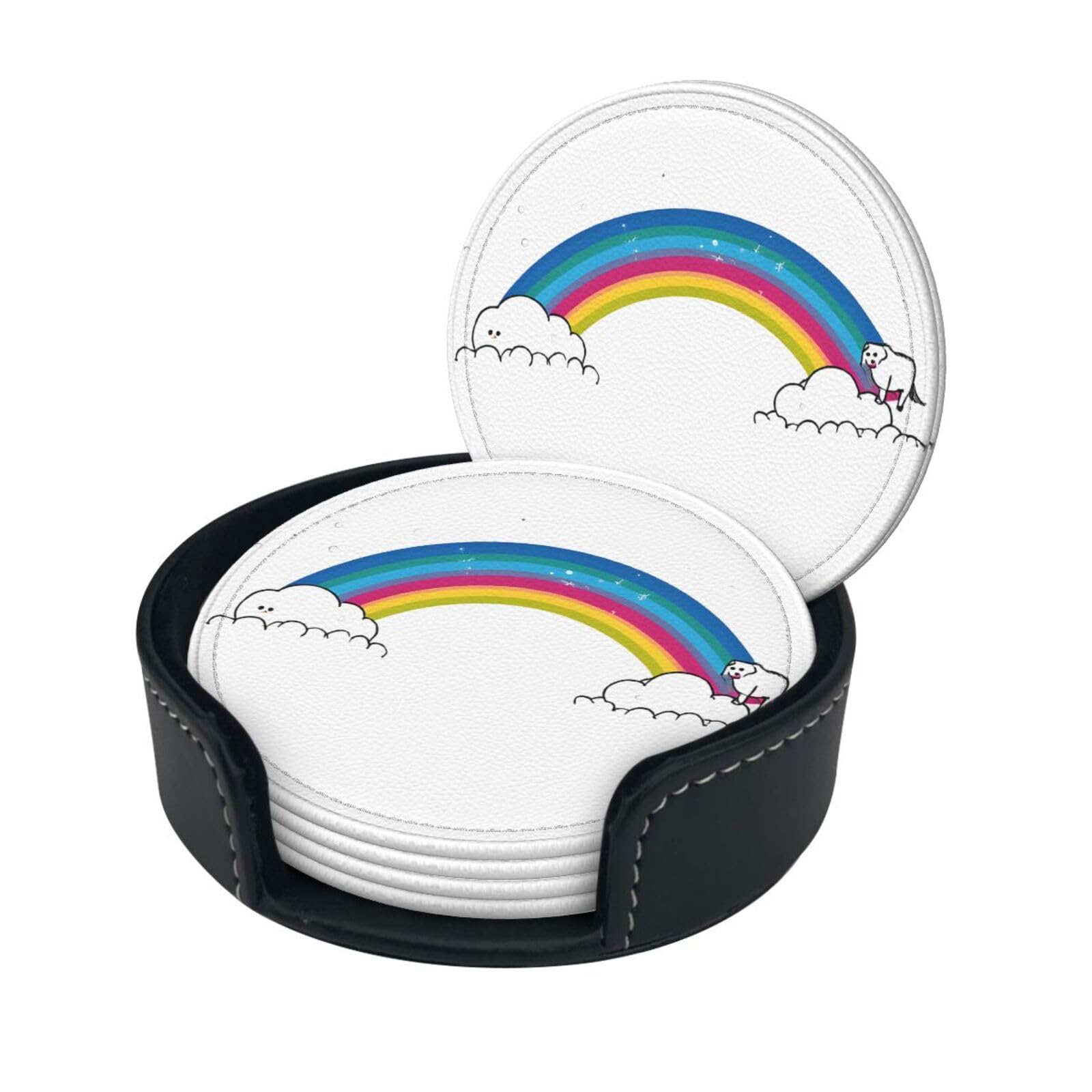Small Rainbow Print Coaster,Round Leather Coasters with Storage Box for Wine Mugs,Cold Drinks and Cups Tabletop Protection (6 Piece)