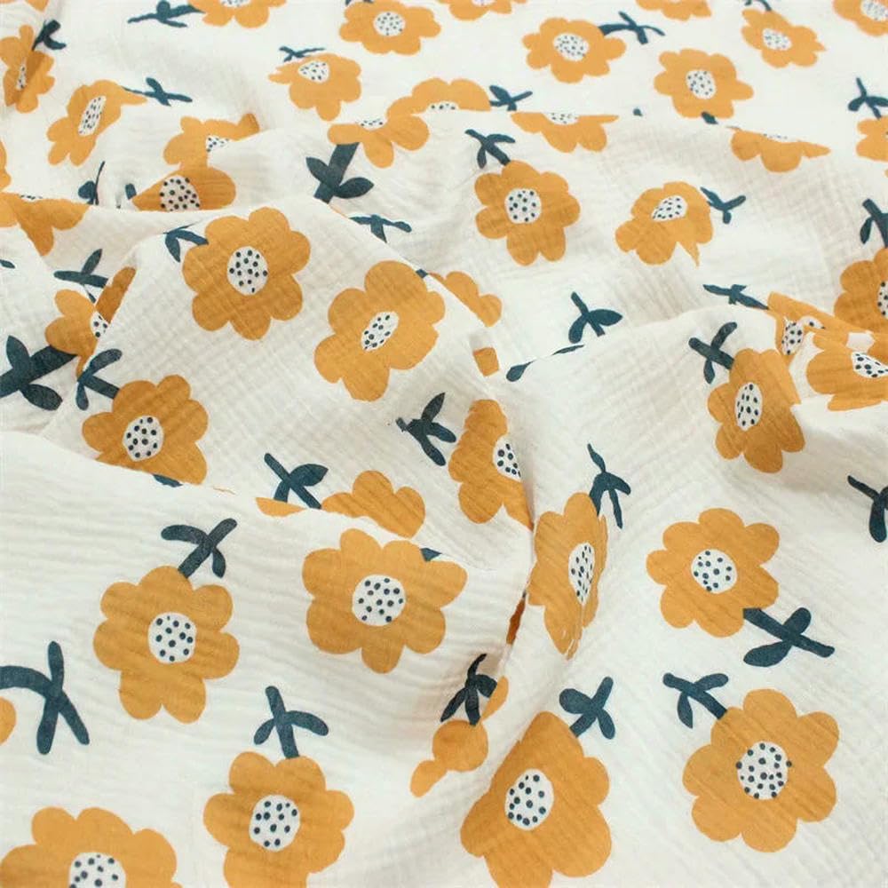 Tejido de gasa doble, Tela Seersucker Crepe De Algodón Estampada Flores Blanco 100x135cm
