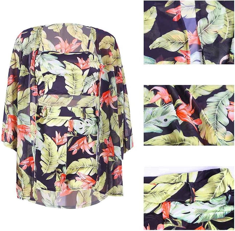KEYUFANG Women 3 Piece Vocation Outfits Summer Suit Floral Kimono Cardigans Beach Cover Up Crop Cami Top Short Set - Image 4