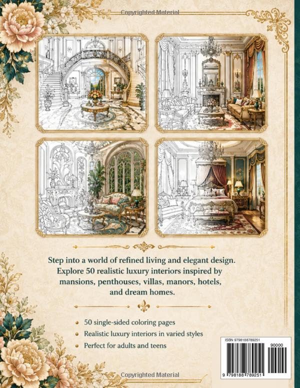 Luxury Interior Designs Coloring Book: 50 Realistic Mansion, Penthouse, Villa, Manor, and Hotel Rooms (Dream Architectures & Interiors Coloring Collection) image 3