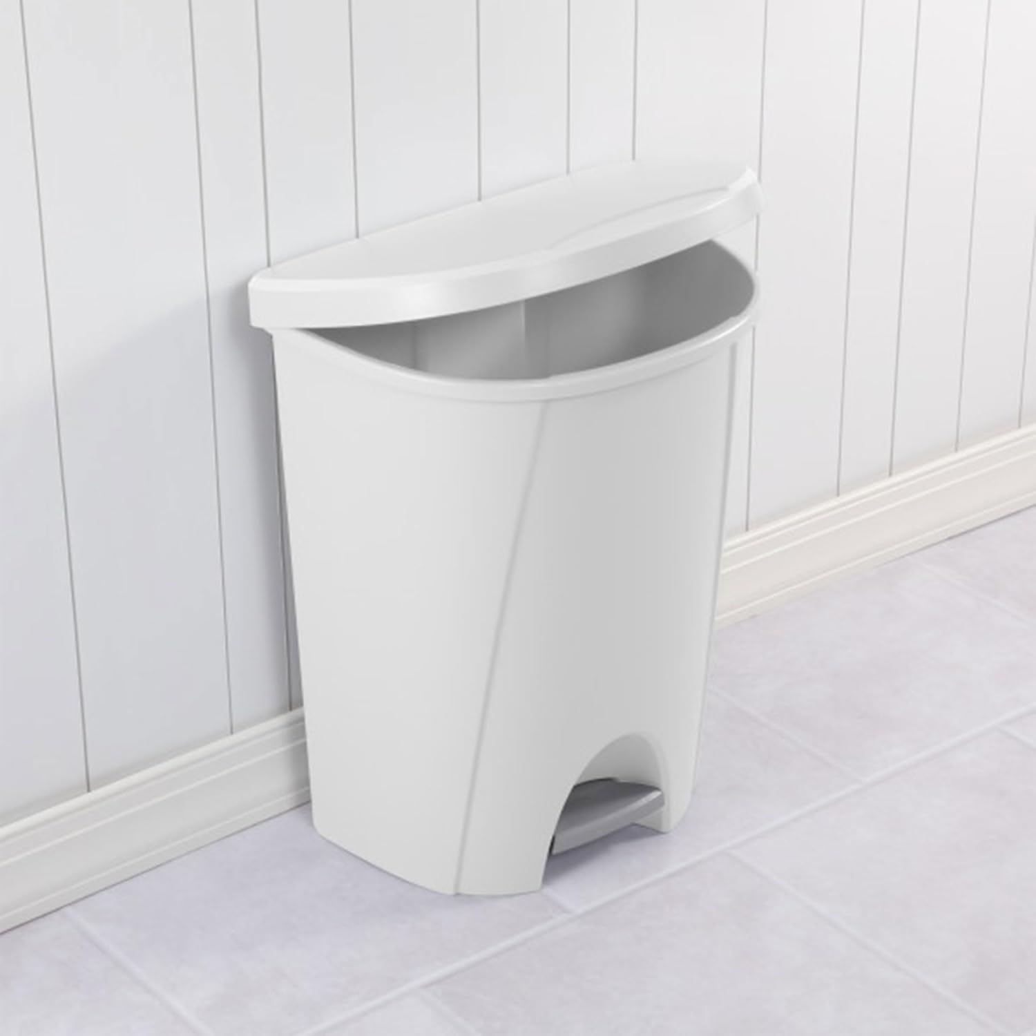 Sterilite 6.6 Gallon StepOn Wastebasket with Lid, Medium Sized Plastic Trash Can for the Kitchen, Bathroom, or Mudroom, Pedal, White, 4-Pack