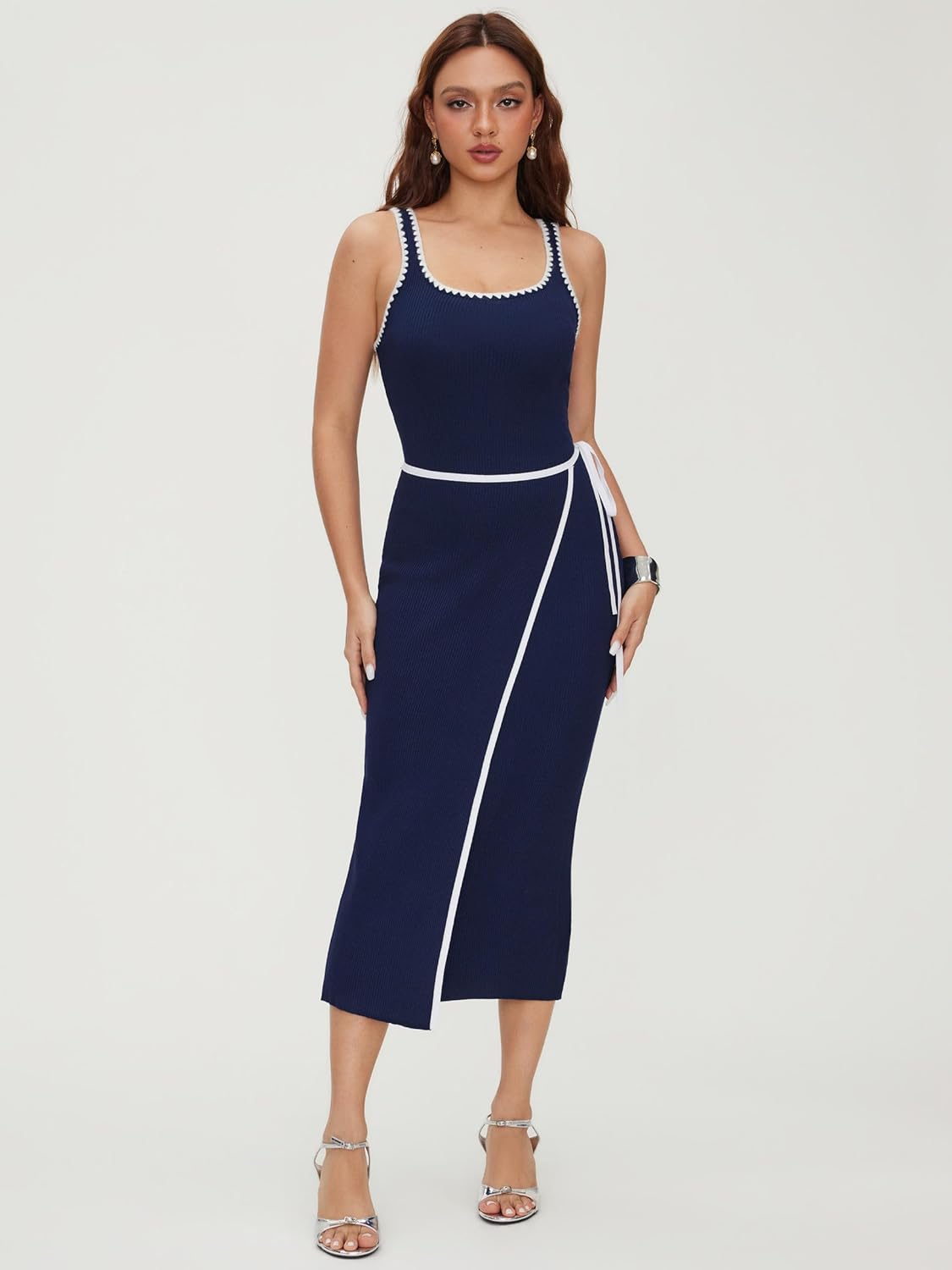 CIDER Women's Midi Bodycon Dress Square Neck Ribbed Knit Sleeveless Tie Waist Casual Summer Tank Dress - Image 2