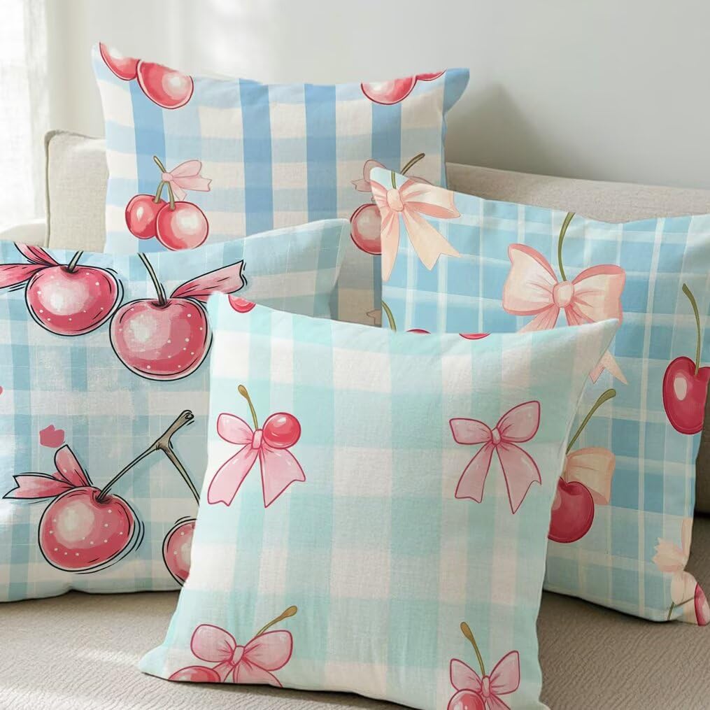 Housse de Coussin Extérieur Imperméable Lin Taie d'oreiller Decoration Rose Housses de Canapé Extérieur Intérieur, Lot de 4 Carré Coussins Bleu pour Jardin Terrasse Patio Banquette, 70x70cm Ym146