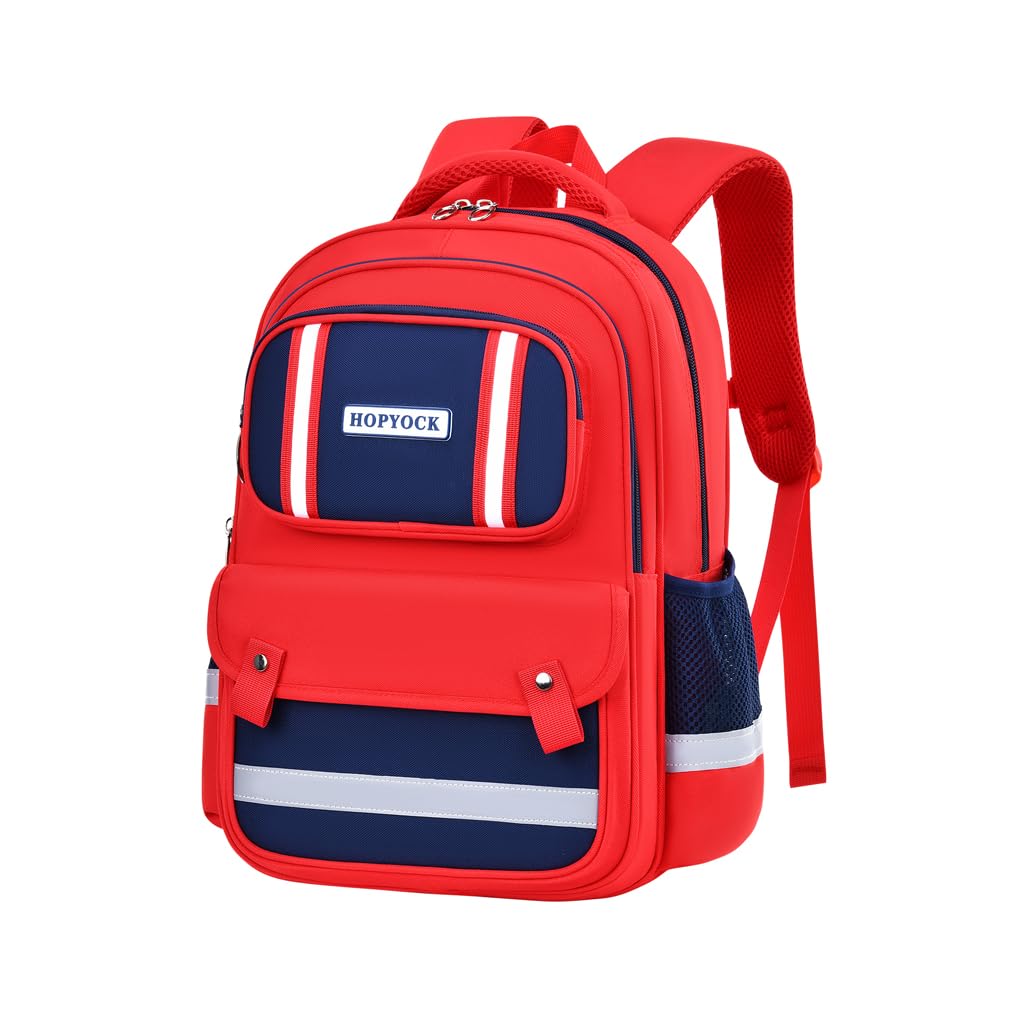 HOPYOCK Kids Backpack for Boys Girls Ages 4-12, Lightweight Durable Kindergarten & Elementary School Bookbag with Reflective Design & Multiple Pockets