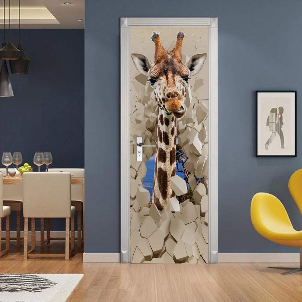 Orhouse 3D Giraffe Animal Art Door Sticker for Bedroom Livingroom Bathroom, 2PCS Wall Decal Self-Adhesive Waterproof Removable Door Murals Wallpaper Home Decoration 30.3“x78.7"