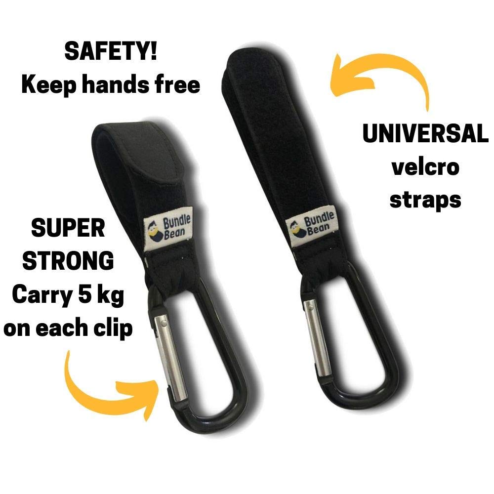 BundleBean - Buggy Clips (Pair): Clips Your Shopping, Handbag and Changing Bag to Your Pushchair, Stroller, Wheelchair or Walker. Universal fit, Black Hook & Loop Straps