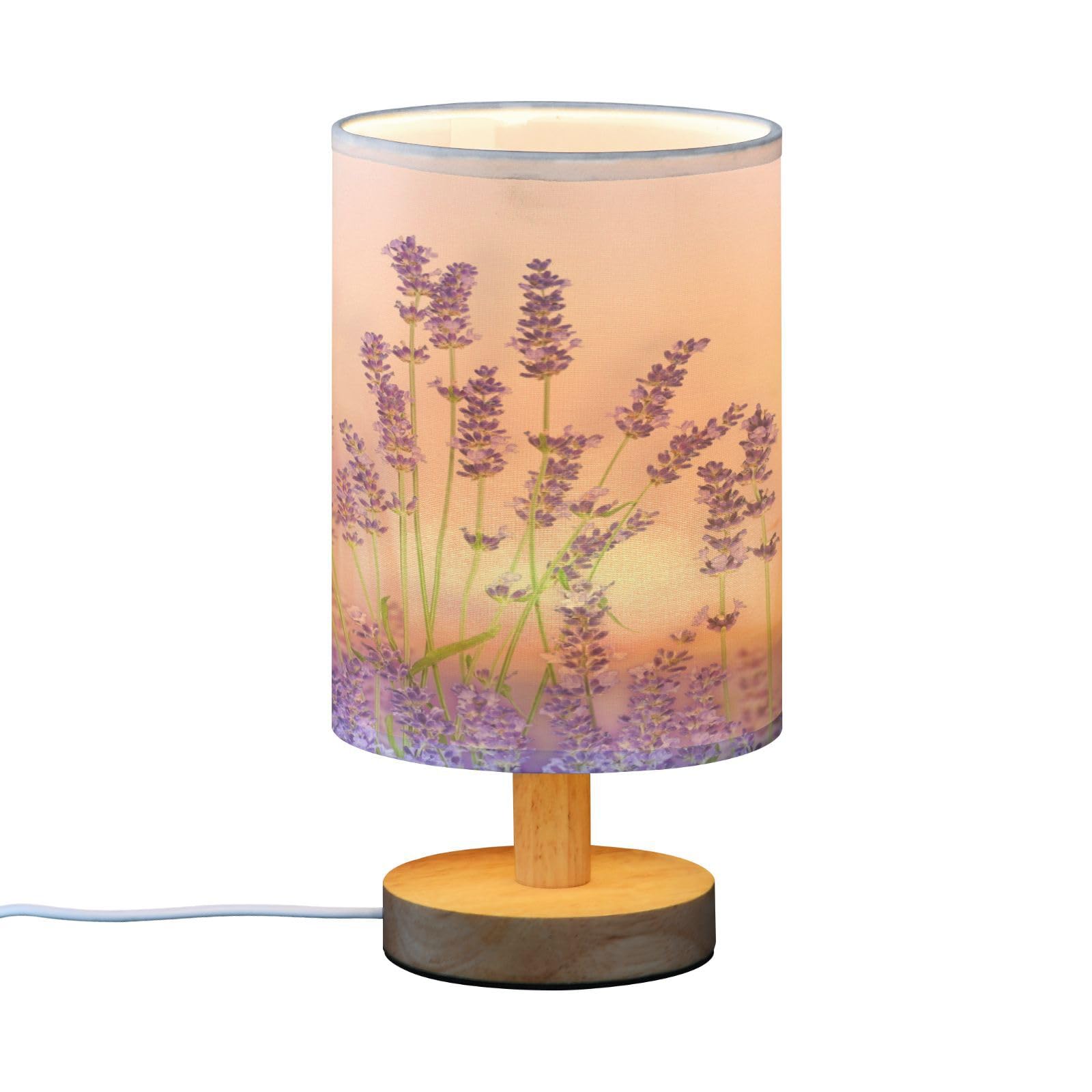 YETTASBIN Lámpara de mesita de noche de lavanda morada, pequeña luz LED de escritorio, lámpara de mesita de noche USB con base de madera antideslizante y pantalla agradable para los ojos para sala de