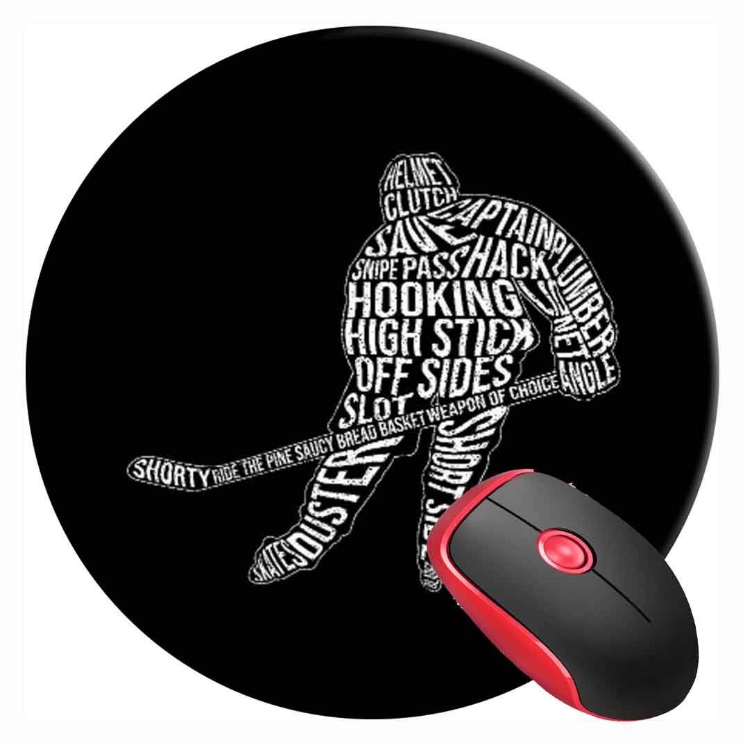 Mouse Pad Hockey Typography Hockey, Round Mousepad, Non-Slip Rubber Base Mouse Mat for Laptop and Computer
