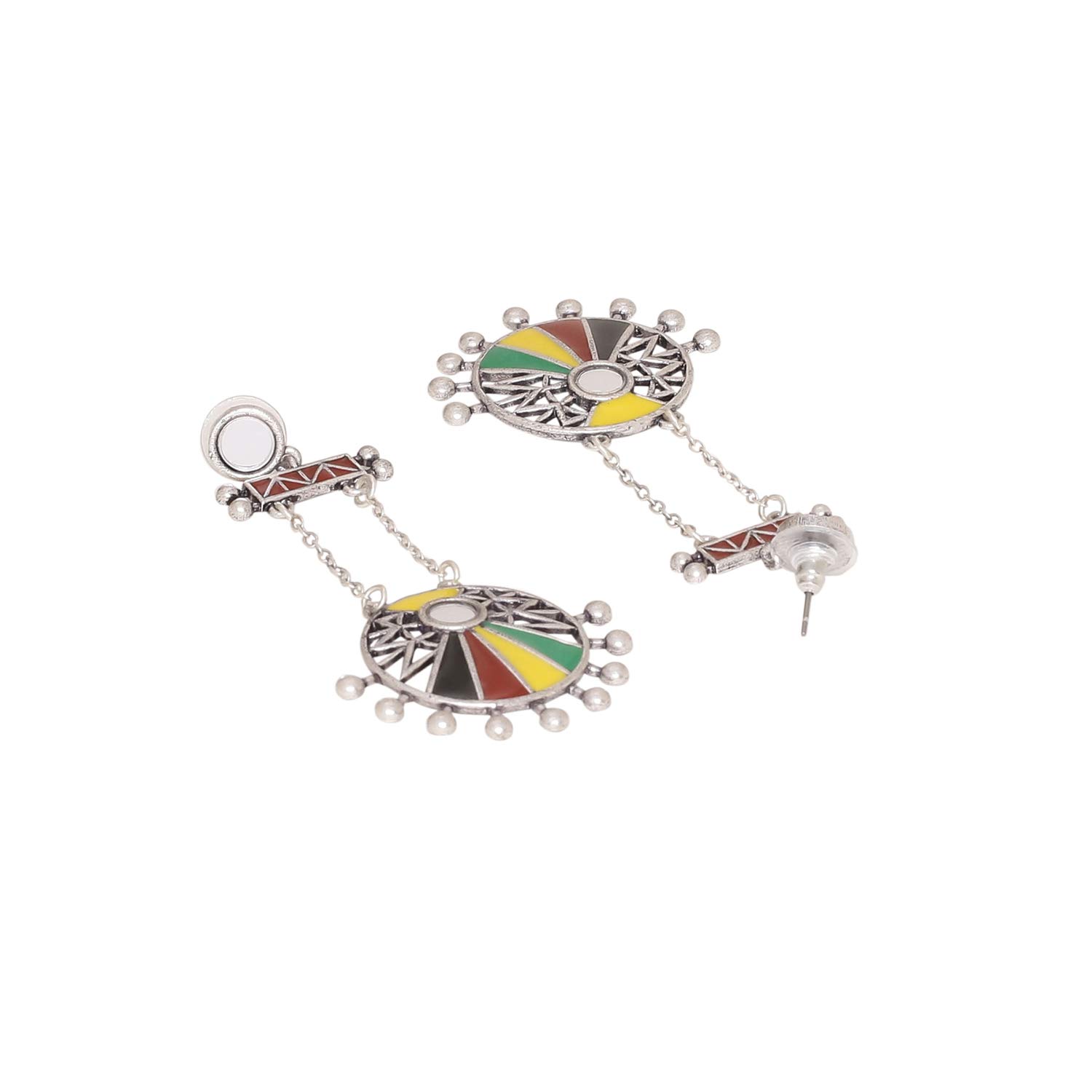 Brass Oxidised Colorful Circles Long Drop Earrings, Statement Style