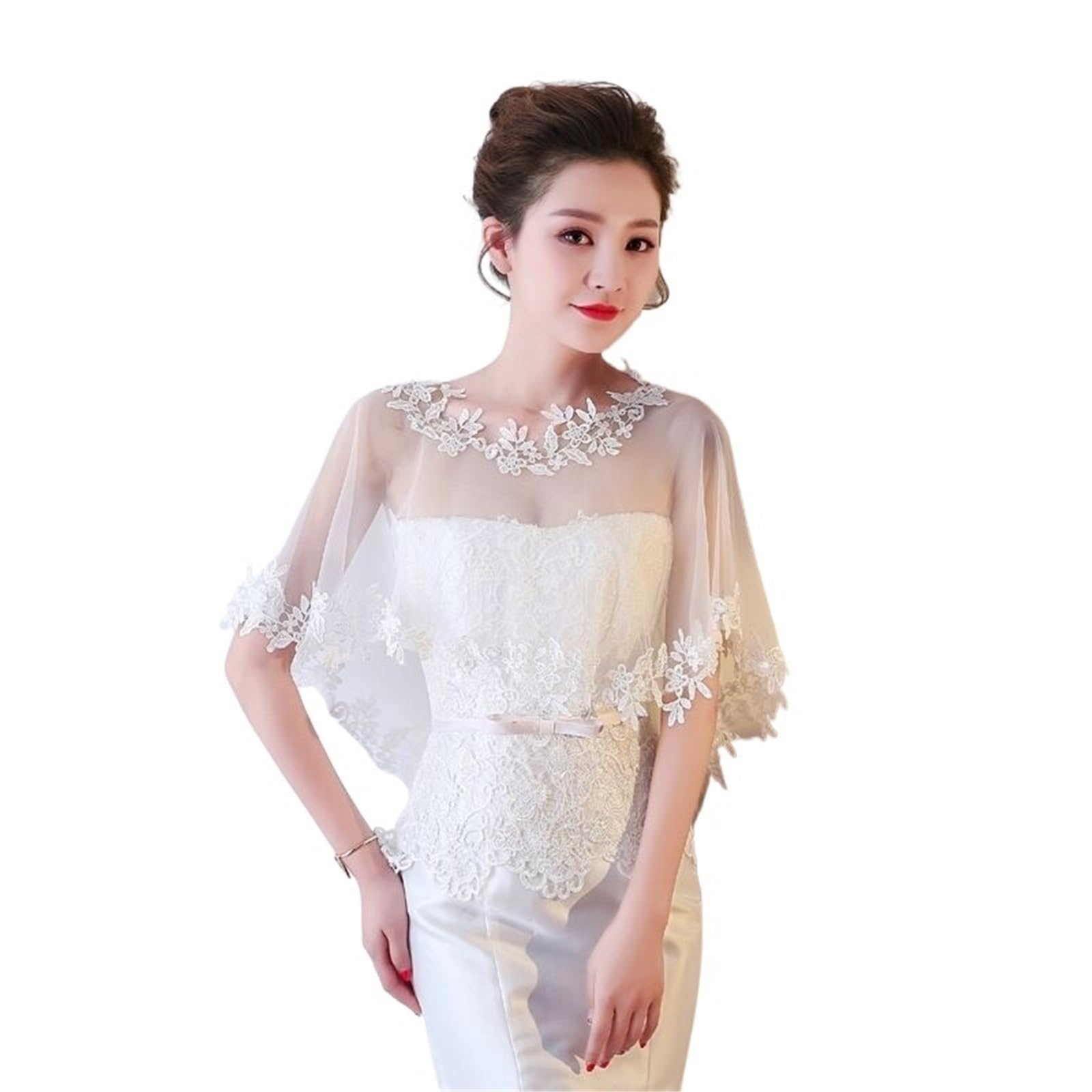 HEUchuan Wedding Dress Shawl O-Neck Lace Bridal Wedding Elegant Women Cape Tulle Evening Prom Cape Shawl(WHITE)