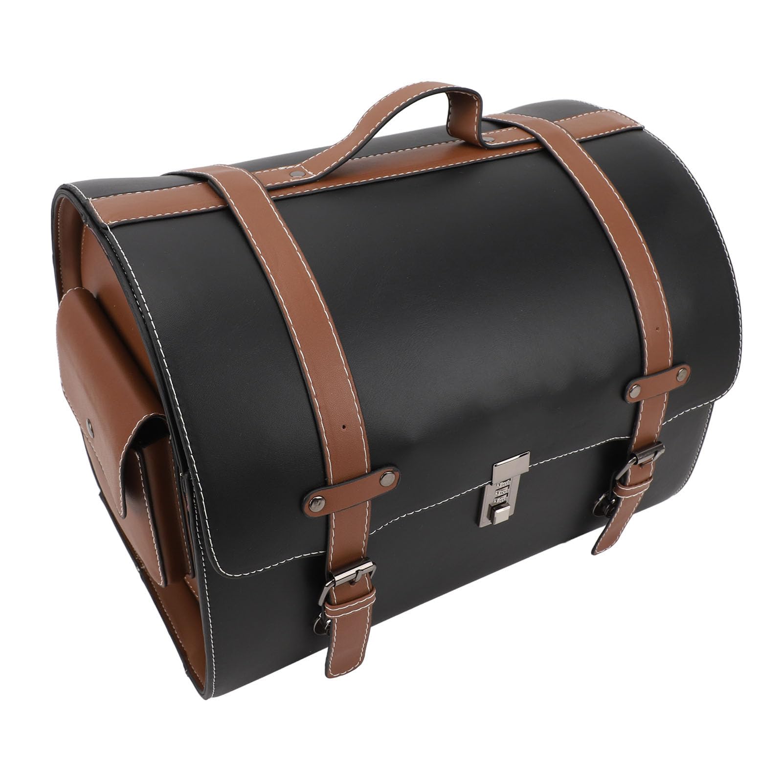 Acouto 29,5 L Motorrad-Hecktasche, Universal-Roller-Gepäcktasche mit Schnellverschluss-Design und C-Motorrad-Hecktasche aus Leder, Gepäckträgertasche. (Schwarz mit braunem Band)