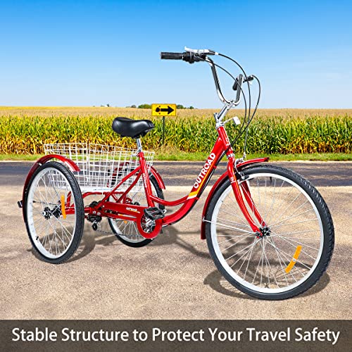 Outroad Adult Tricycle, 24/26 Inch 7 Speed Cruiser Trike, 3 Wheel Bikes With Large Basket For Seniors, Women, Men, Adult Trikes For Shopping Picnic Outdoor Sports, Red And Bule (26 Inch-Red) #TOP5