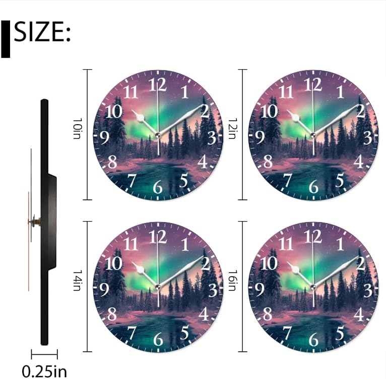 Battery Operated Round Wall Clock Non-Ticking Silent Analog Clcok Decorative for Living Room,Office,Kitchen-Aurora Borealis Over Snow - Covered Forest and River(14inch)