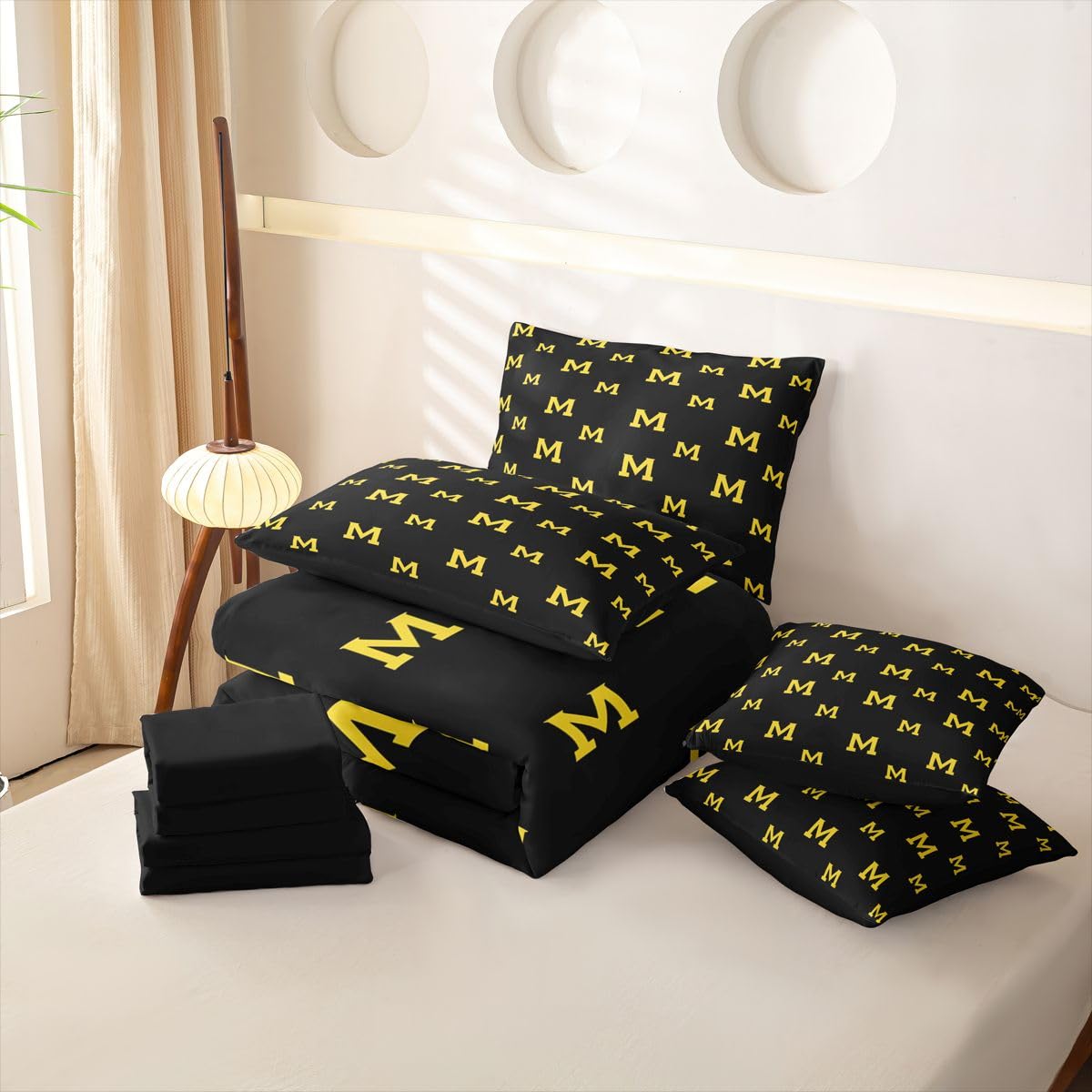Loussiesd Set di biancheria da letto con copripiumino giallo nero con lenzuola, 7 pezzi, per bambini, ragazzi e ragazze, letto da baseball in una borsa, decorazione per la stanza dei giochi di