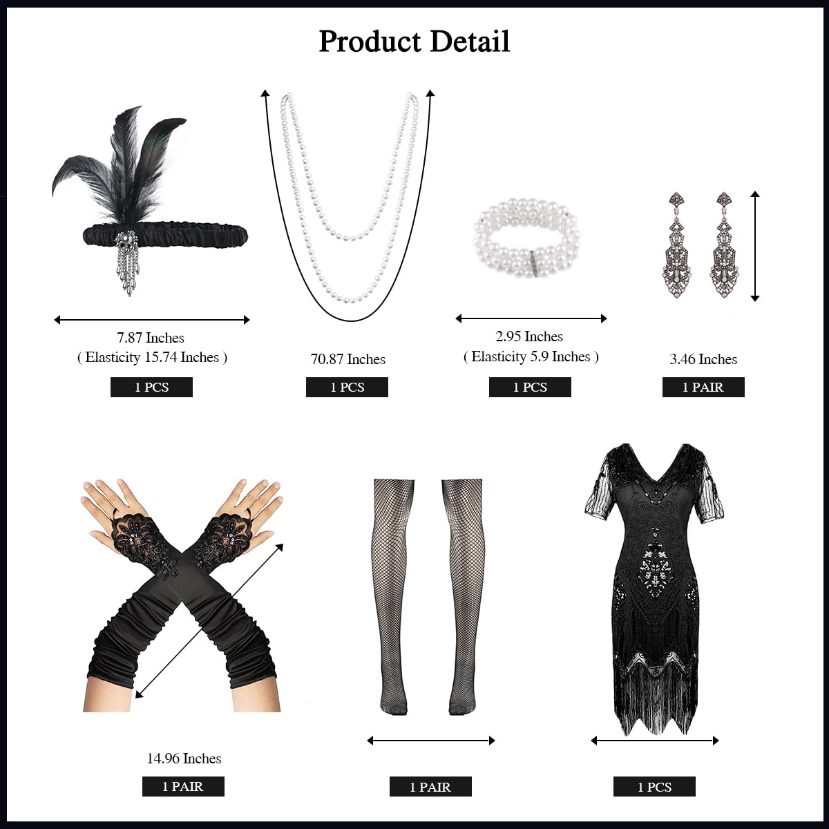 WILDPARTY Disfraz de los años 20 Roaring 20s Charleston, vestido flapper con mangas finas lentejuelas perlas flecos vestido vestido de los años 20 accesorios vintage mafia disfraz mujer