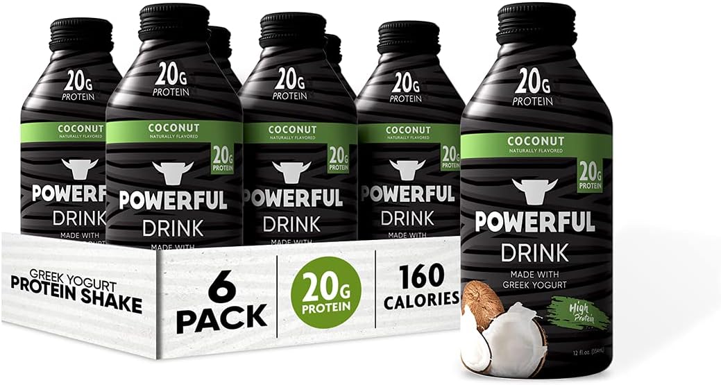Powerful Foods, Protein Shake, 20g Protein, Greek Yogurt, Low Carb, Gluten Free, Kosher, Ready to Drink (Coconut, 12 oz, Pack of 6)