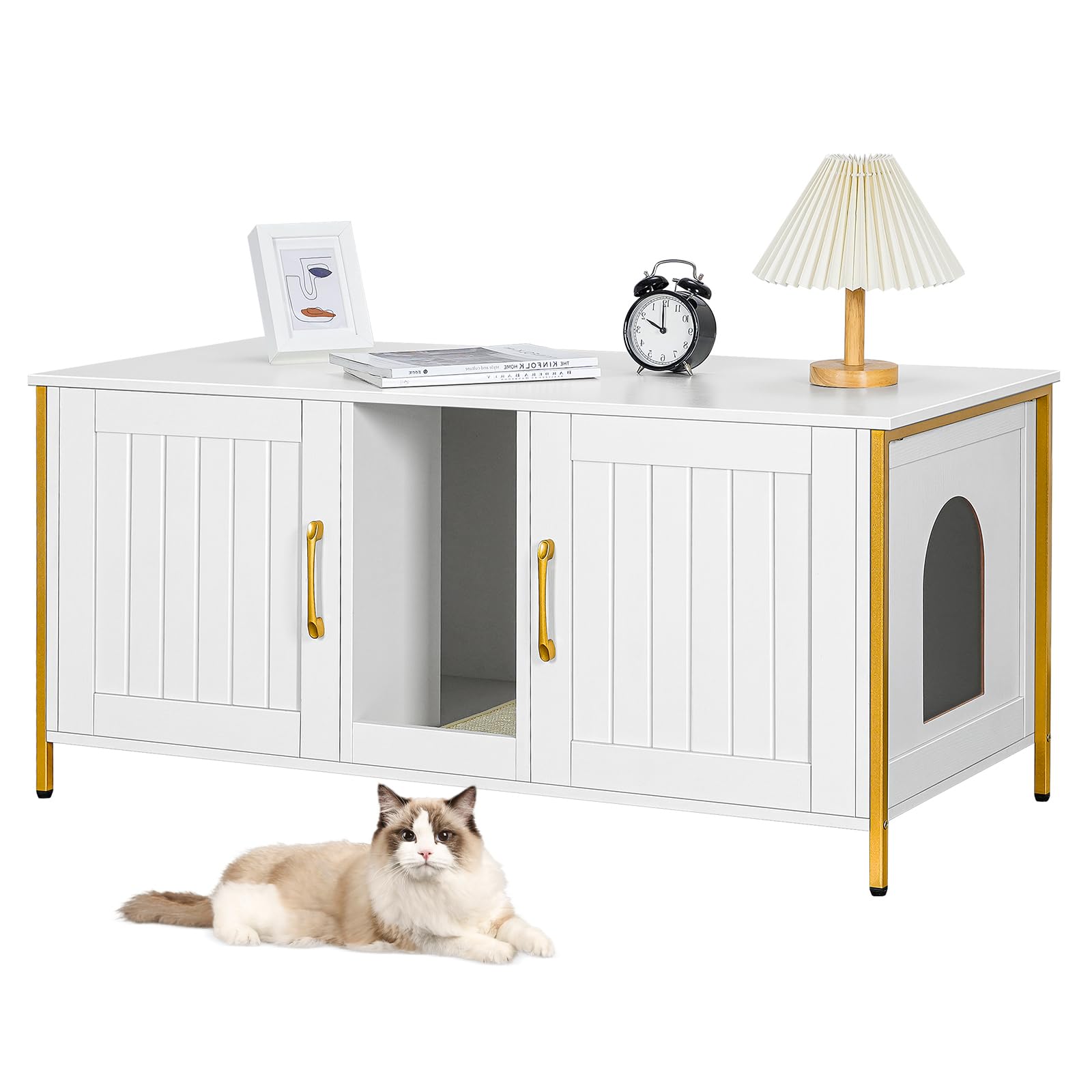 Snughome Cat Litter Box Enclosure for 2 Cats, 43.3" Hidden Cat Litter Box Furniture with Double Room, Wooden Cat Washroom Cabinet with Scratching Board, Indoor Cat House End Table TV Stand, White