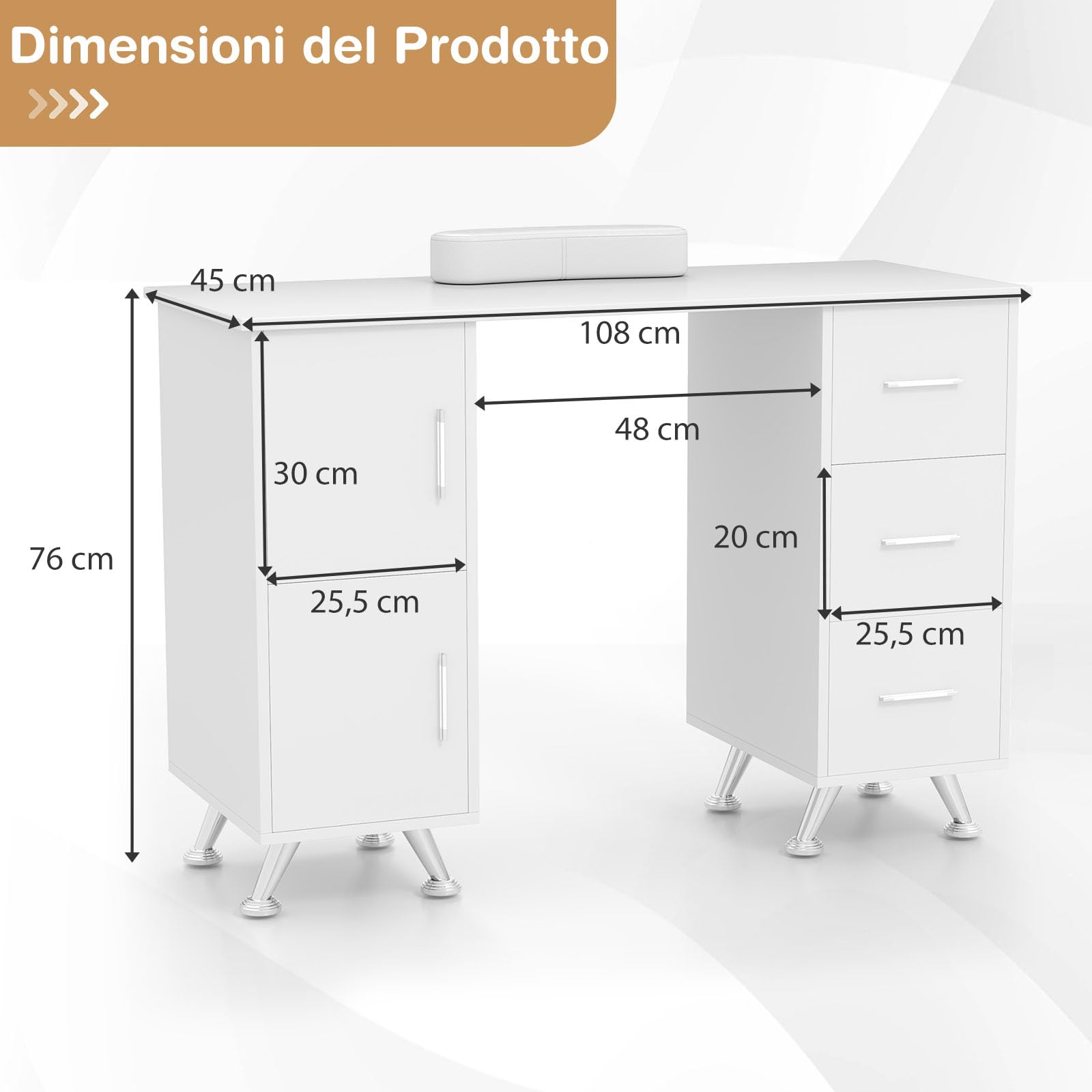 Tavolo da Manicure in Legno con Cassetti e Armadietti, Poggiapolsi Rimovibile, Gambe in Metallo, Bianco