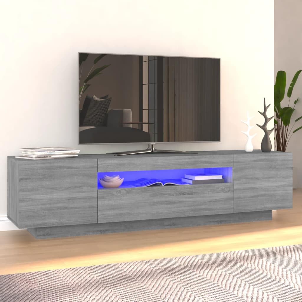 Modern Wooden TV Cabinet With LED Lights & 2 Doors | Wood Tele Stand, Entertainment Media Unit, Living Room Furniture (Grey Sonoma)