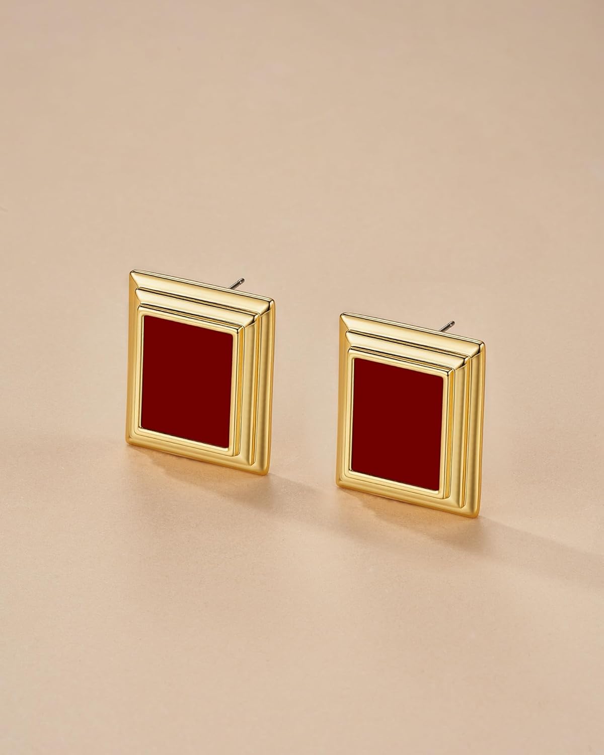 18K Gold Plated Burgundy Maroon Black Large Chunky Thin Ribbed Chamfered Square Geometric Dangle Stud Statement Earrings for Women by SNGIA , Big Tropical Button Bohemian Handmade Trendy Baroque Enamel Vacation Summer Chandelier Drop Jewelry Gifts, Rectangle Huggies Fashion Button Accessories, Vintage Hawaiian Floral Square Nickle Free Huggie Earring. - Image 3