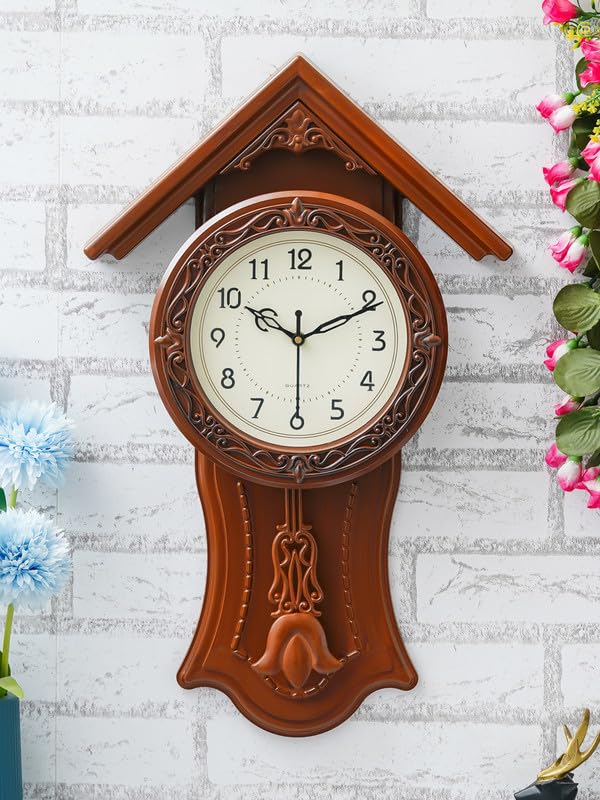 CHRONIKLE Decorative Plastic Case Hut Style Analog English Numbers Fancy Pendulum Wall Clock for Living Room Home Decoration Gifts (Size: 32.5 x 7 x 53 CM | Weight: 810 Gram | Color: Golden Brown)