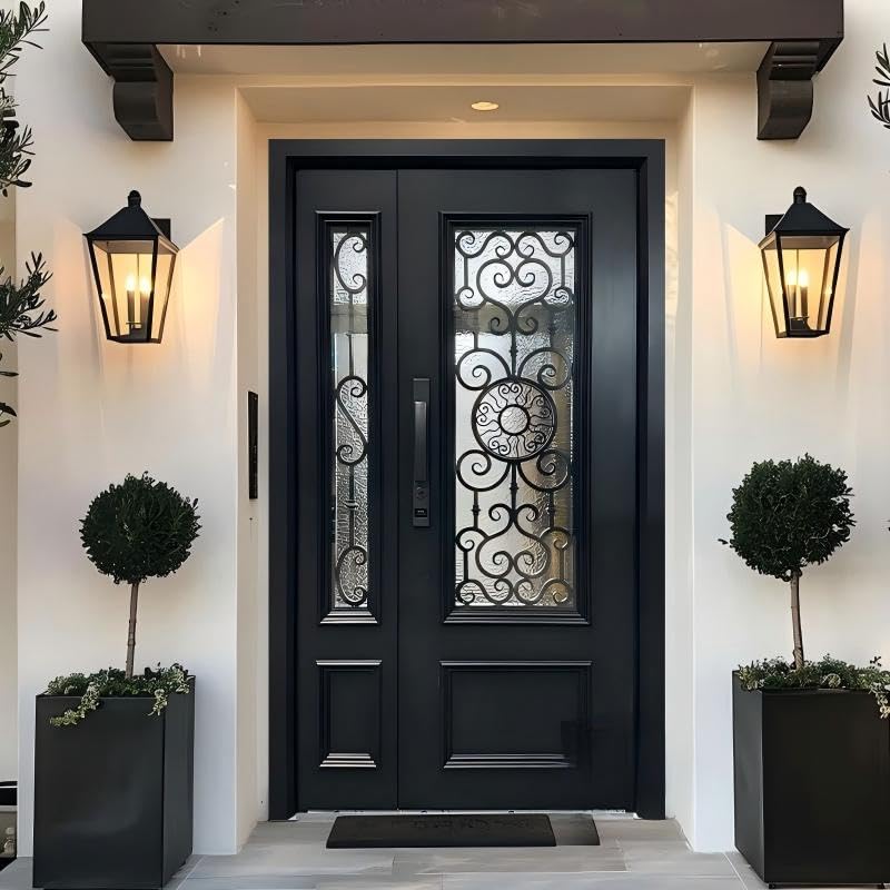 Puerta de entrada de aluminio con panel de vidrio de hierro forjado, negro, estilo pivotante, individual con sidelite. Precio por metro cuadrado