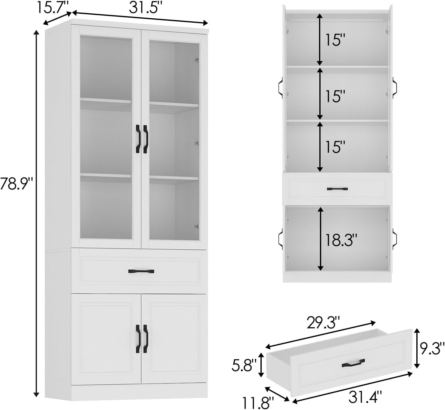 MOUMON Pantry Cabinet Kitchen Storage Cabinet with Glass Doors, Kitchen Pantry with Shelves & Drawer, for Living Room White (31.5”W x 15.7”D x 78.7”H), Small