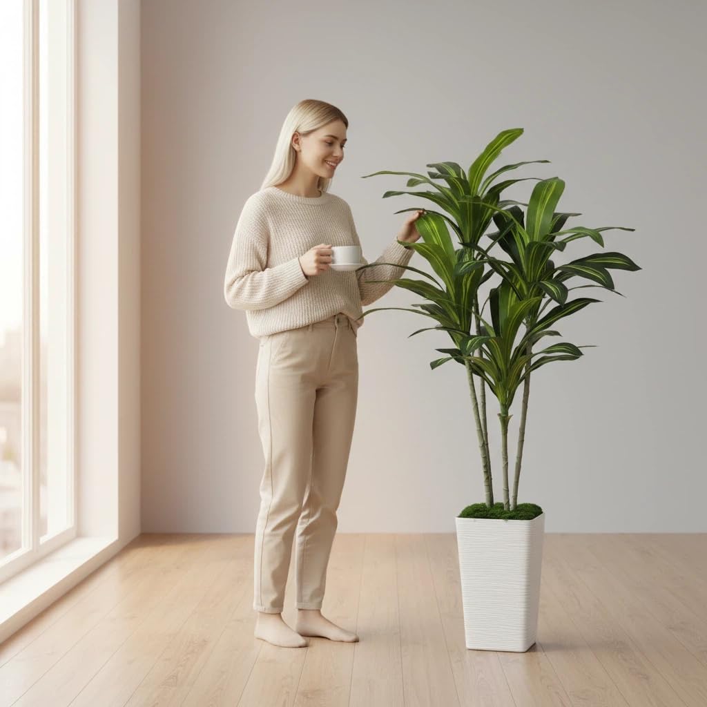 Artificial Dracaena Tree 5FT, Fake Tree with White Tall Planter - Faux Yucca Tall Fake Floor Plant in Pot - Artificial Plant for Home Office Living Room Decor Indoor