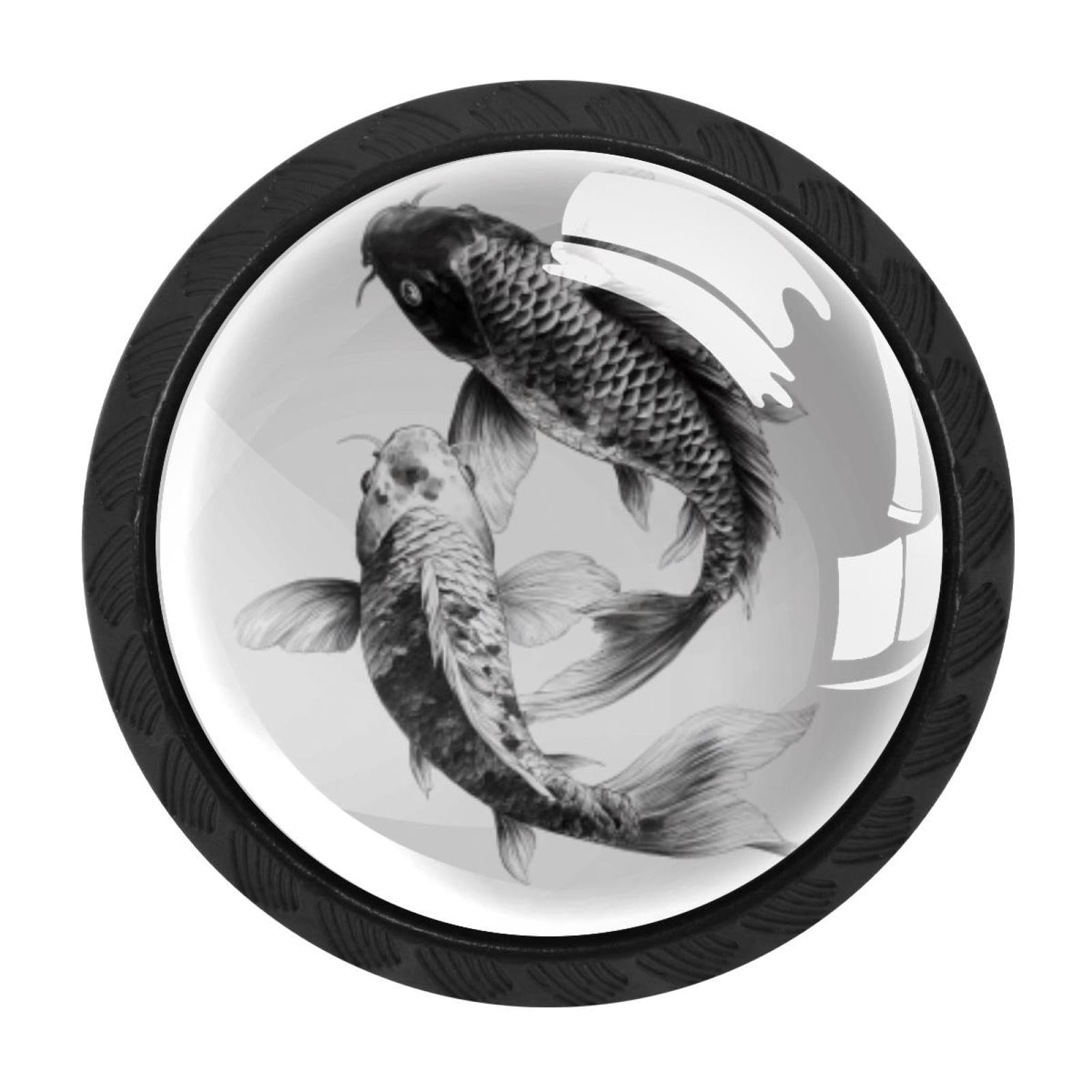 CHENZZZZ 4 pcs Black White Koi Fish (3) Cabinet Knobs Crystal Drawer Pulls for Kitchen, Bathroom Cabinet, Dresser and Cupboard
