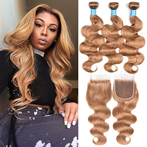 July Queen Brazilian Human Virgin Hair Honey Blonde Color Body Wave Hair Extension 3 Bundles with Lace Closure 27# Human Hair(20/22/24+18 Inch, closure)