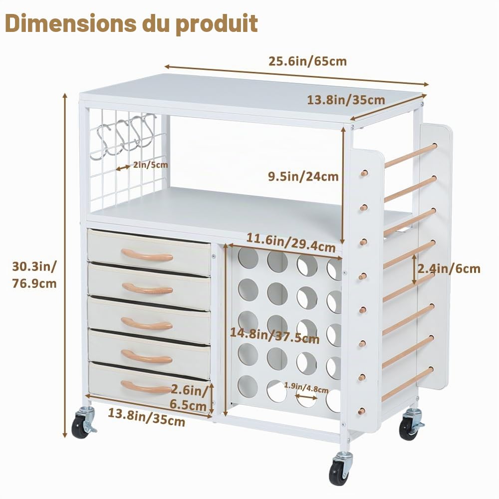 SMONTER Table d'organisation et de rangement pour machines Cricut, chariot roulant avec 28 supports de rouleau de vinyle et 5 tiroirs, support de presse à chaud avec crochets