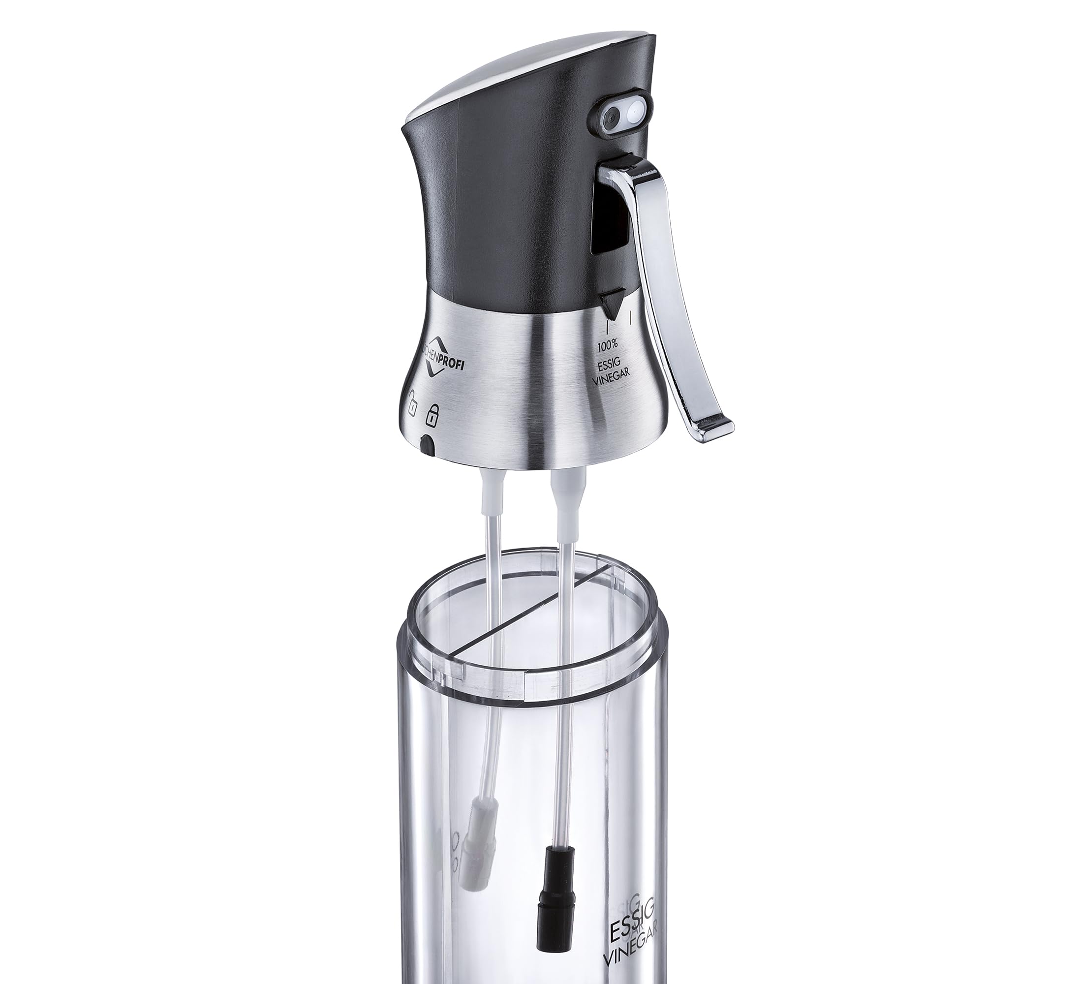 Küchenprofi 2in1 Essigsprüher/Ölspender SIENA | Olivenöl und Essig-Sprühflasche | Edelstahl/Glas | Ölspray-Flasche | Sparsames und exaktes Dosieren | Große Füllöffnung | 20,5 cm, je 95 ml