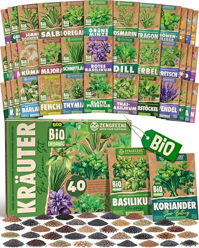 ZenGreens - Bio Kräutersamen im 40er Set - 40 Kräuter Samen für den einfachen Anbau im Garten Balkon oder Hochbeet - Pflanzensamen - Saatgut