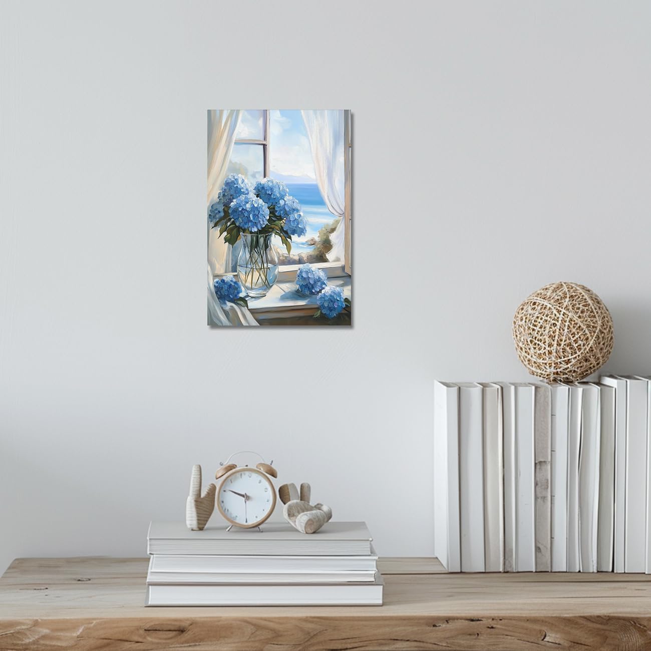 ZQQART Stampa artistica su tela con ortensia rustica, stampa floreale con fiori costieri, pianta botanica, decorazione da parete per il bagno, con cornice (blu, 40,6 x 61 cm)