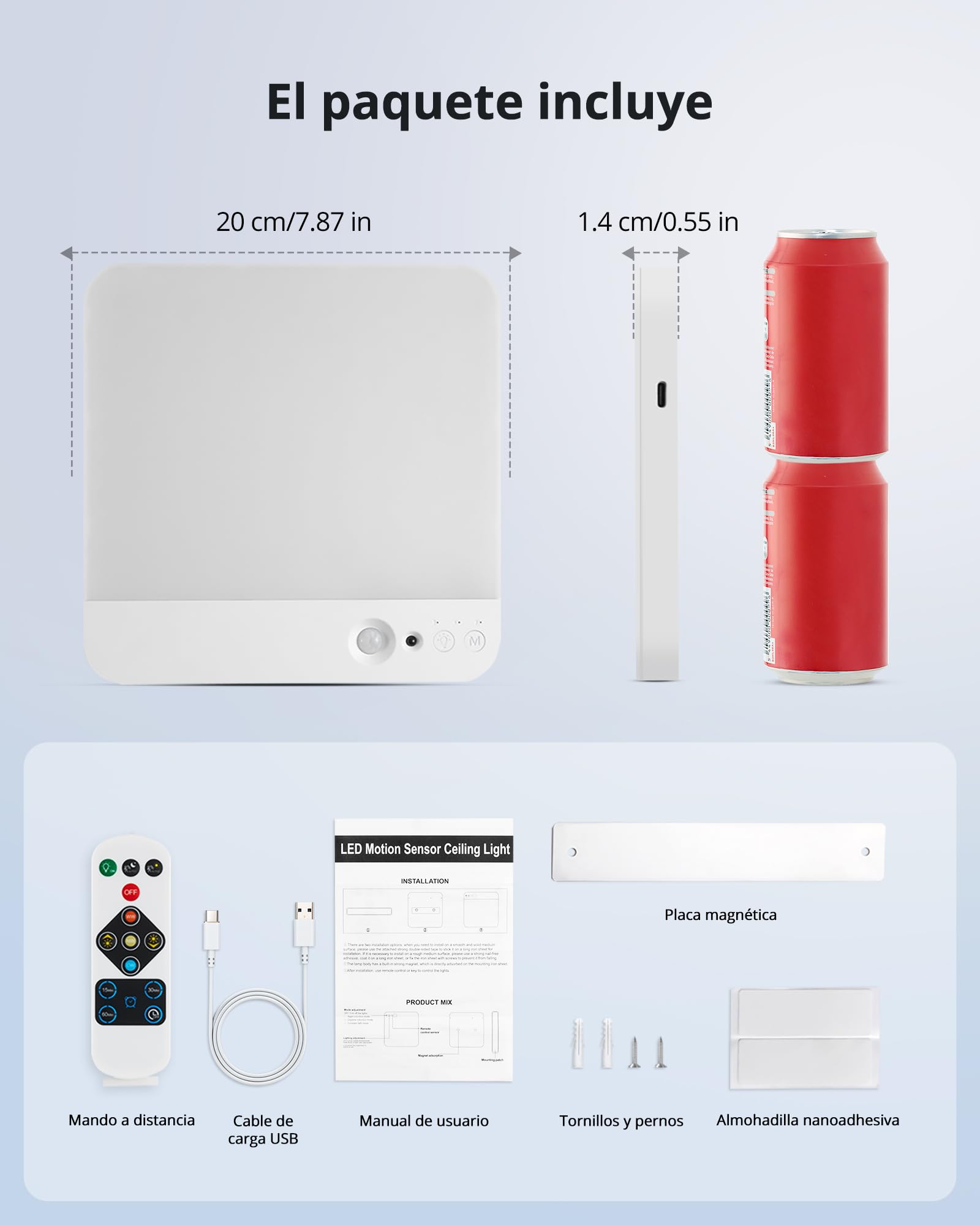 Combuh Led Plafon Baño Techo Bateria Sin Cables, Lampara Garaje Recargable con Sensor de Movimiento, Luz con mando sin taladro para Ducha, Terraza, Dormitorio, Cuadrado 2 Unidad