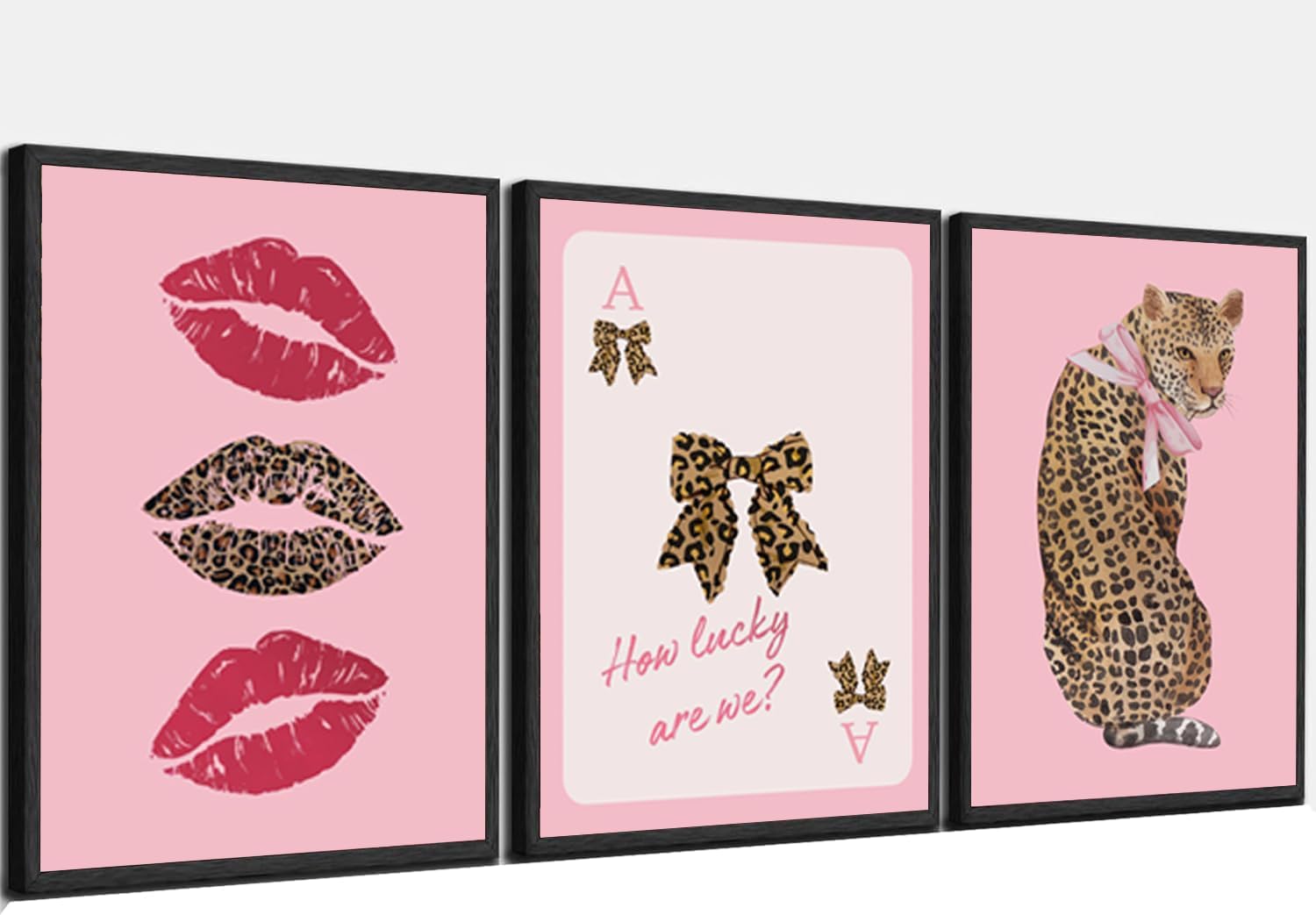 3 PCS Pink Cheetah Canvas Wall Art Pink Bow Painting Poster Fashion Leopard Wall Decor Cheetah Bow Pictures for Girls Living Room Bathroom Bedroom Home Decoration 12*16 in ( Stretched Canvas on A Wooden Frame)