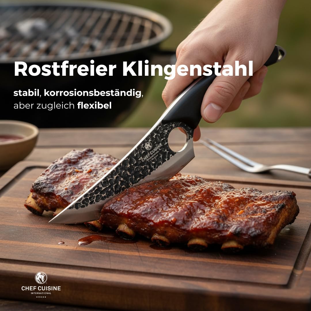 CHEF CUISINE BBQ Messer 53-55 HRC Stahl | 20,5 cm geschmiedete Klinge aus rostfreiem Klingenstahl | Griff aus Edelstahl & Pakkaholz | Küchenmesser für Fleisch & Grill