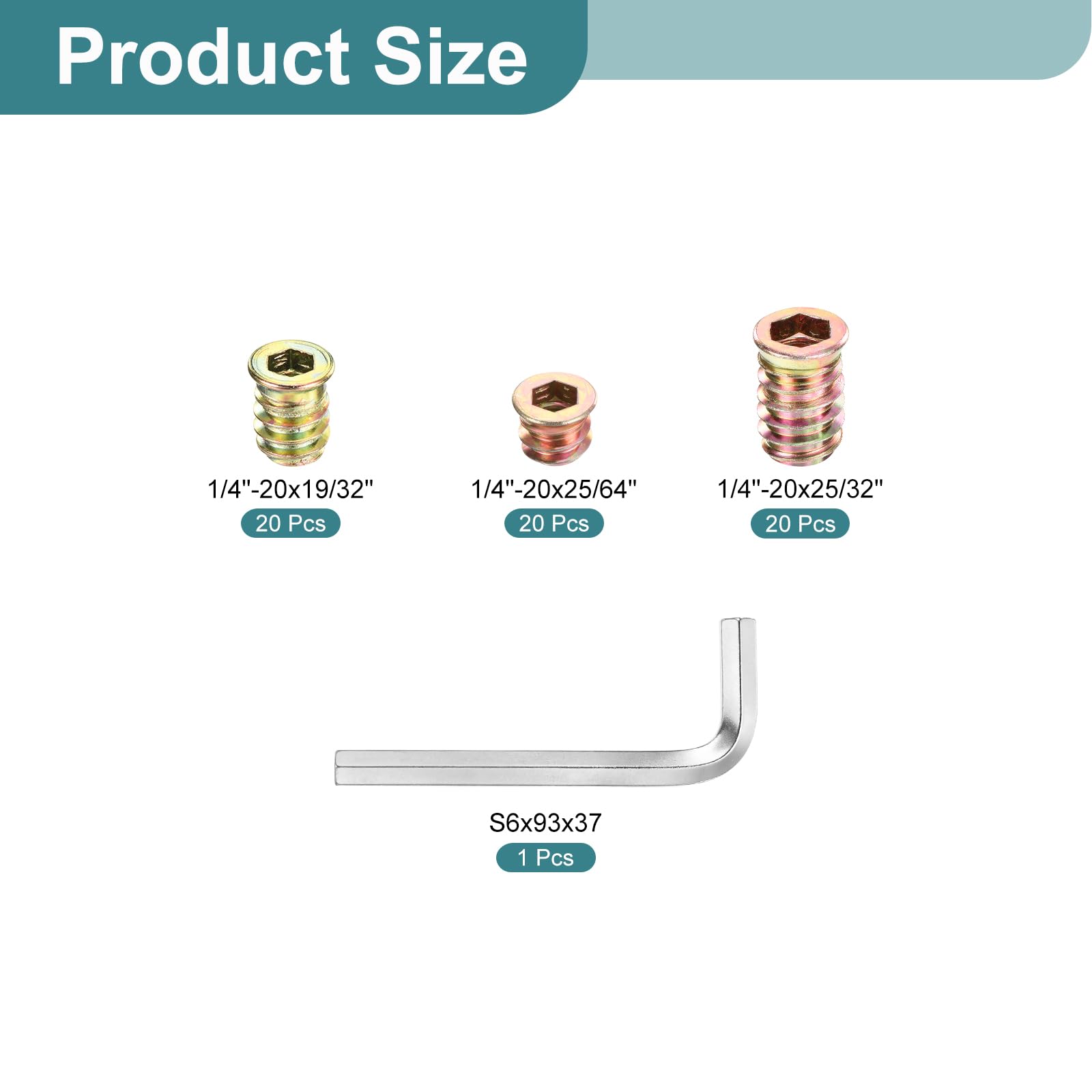 uxcell 60Pcs 3 Sizes Threaded Inserts Nuts, Zinc Alloy Hex Socket Drive Screw-in Nut Threaded Inserts with 1Pcs Hex Wrench, Wood Inserts Bolt Assortment Kit for Wood Furniture