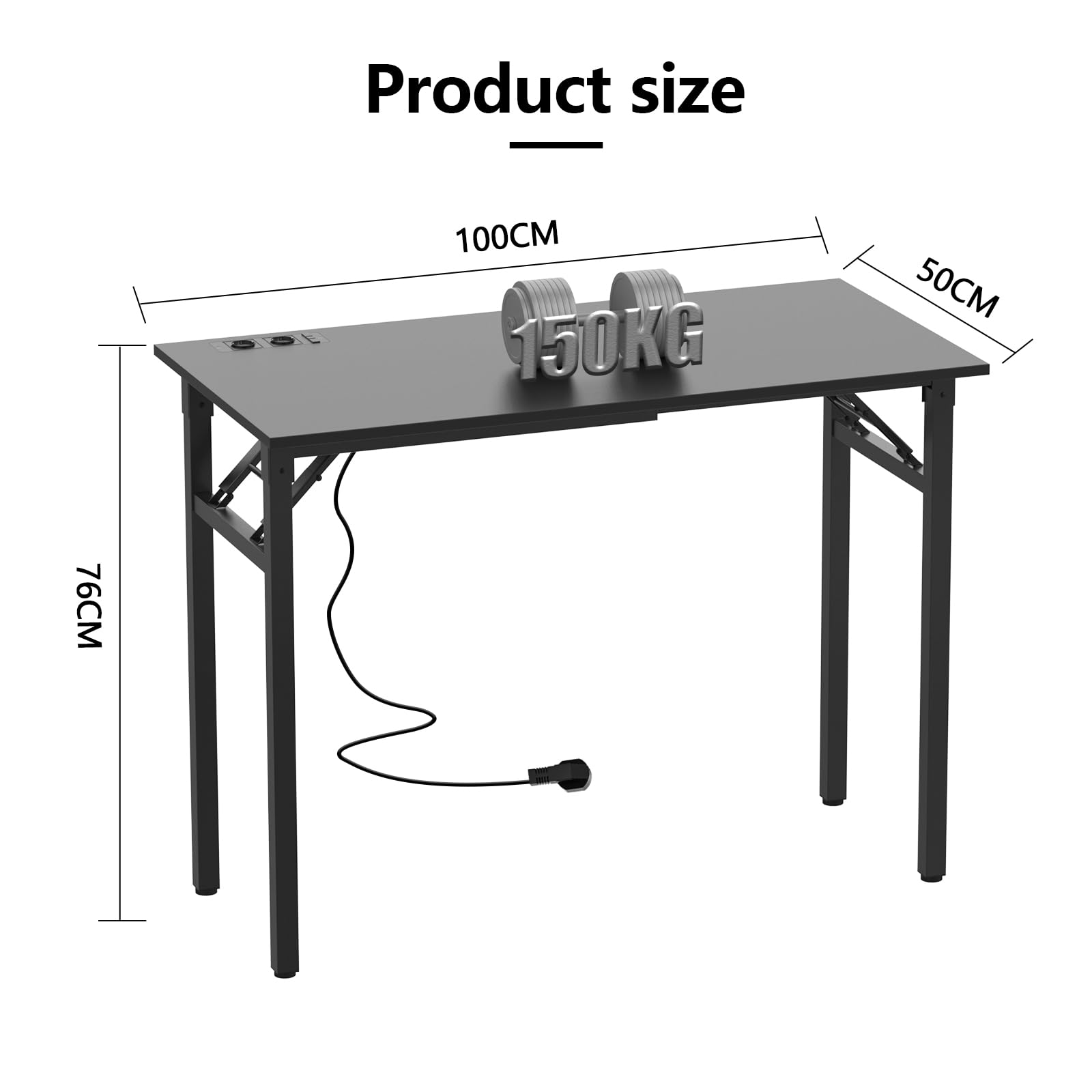 Schreibtisch Klapptisch 100x50cm mit Steckdose, Klappbarer Computertisch, Tragbarer Bürotisch, Klappschreibtisch für Zuhause, Büro, Kleiner Platzsparender, Schwarz