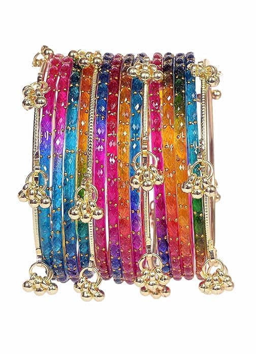 Image of Kashmiri Ghangharoo Glass Bangle Set for Women| Light Weight Bangles | Traditional Transparent Fancy Glass Chudi Set for Wedding, Party(Set Of 18)