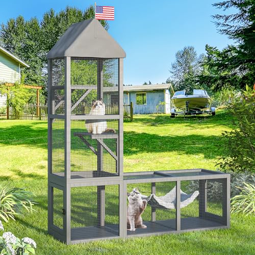 TIMHAKA Catio Outdoor Cat Enclosure with Tunnel, 2 in 1 Outside Pet Playground Include 1 Catio and 1 Tunnel, Cat Enclosure with Cats Hammock and Waterproof Cover, Indoor Outdoot Cats Cage with 2 Door