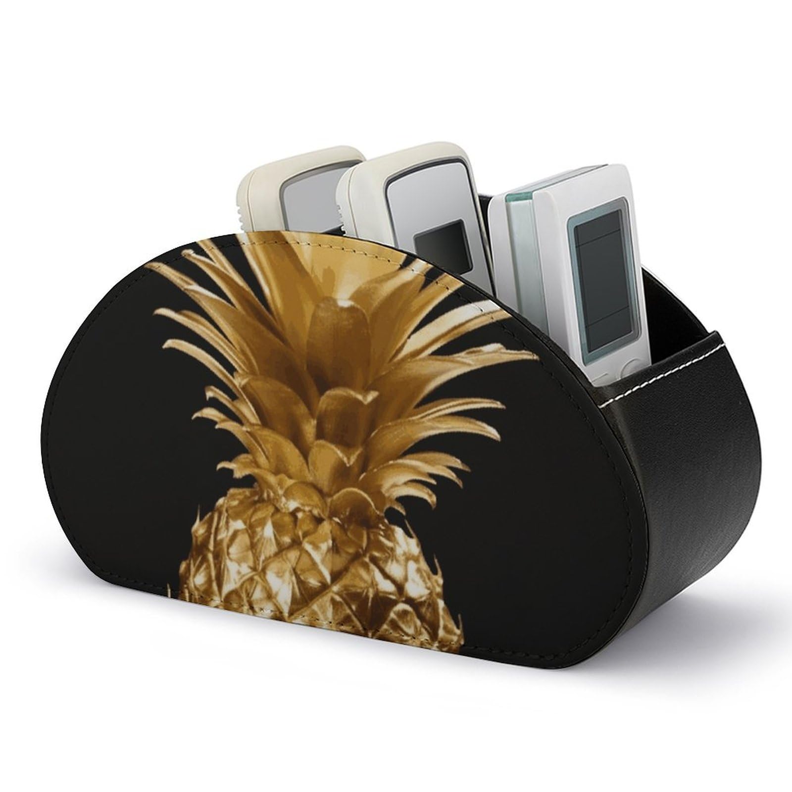 JTREHY - Gold Pineapple Remote Control Holder with 5 Compartments PU Leather Multifunctional Computer Storage Box