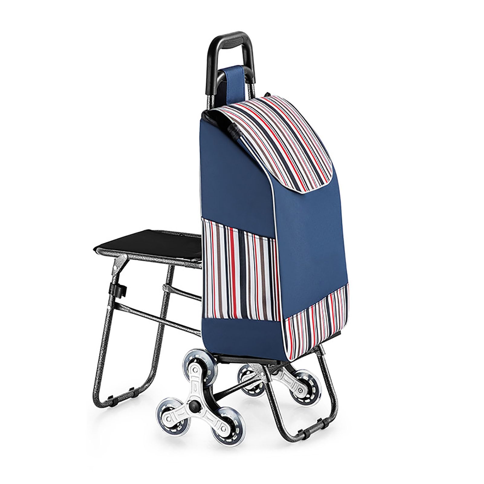 JYHCD Foldable Shopping Trolley with Attached Seat, 6-Wheel Stair Climbing Design for Grocery Transport, Portable Pull Cart for Household Shopping with Large Capacity Storage Bag,Blue