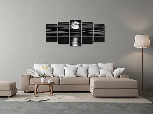 Miniatura 3 de Wieco Art Lienzo impreso con diseño de luna llena en la noche, diseño de playa en blanco y negro para sala de estar, dormitorio, cocina, decoración