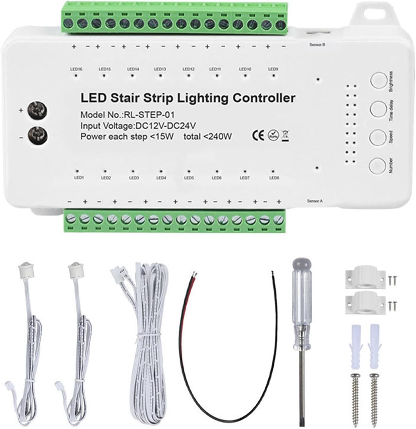 Smart 16-Channel LED Stair Light Controller with Dual Motion Sensors Dimmable Ambient Lighting Control for Staircase Strips