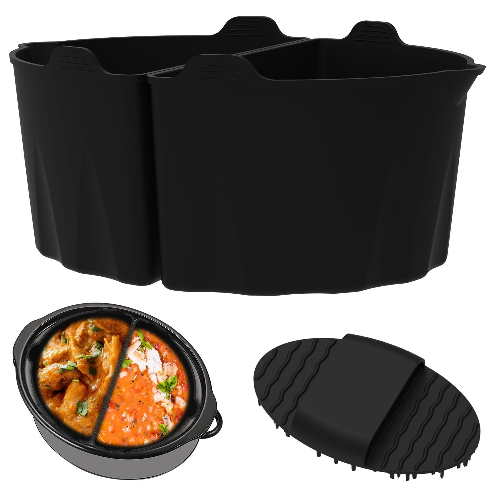 2Pcs Silicone Slow Cooker Liner Reusable Slow Cooker Divider Leak Proof Heat-Resistant Slows Cookers Liner Insert with Handle & Cleaning Brush Foldable Cooking Liner Divider for 6-8QT Pot