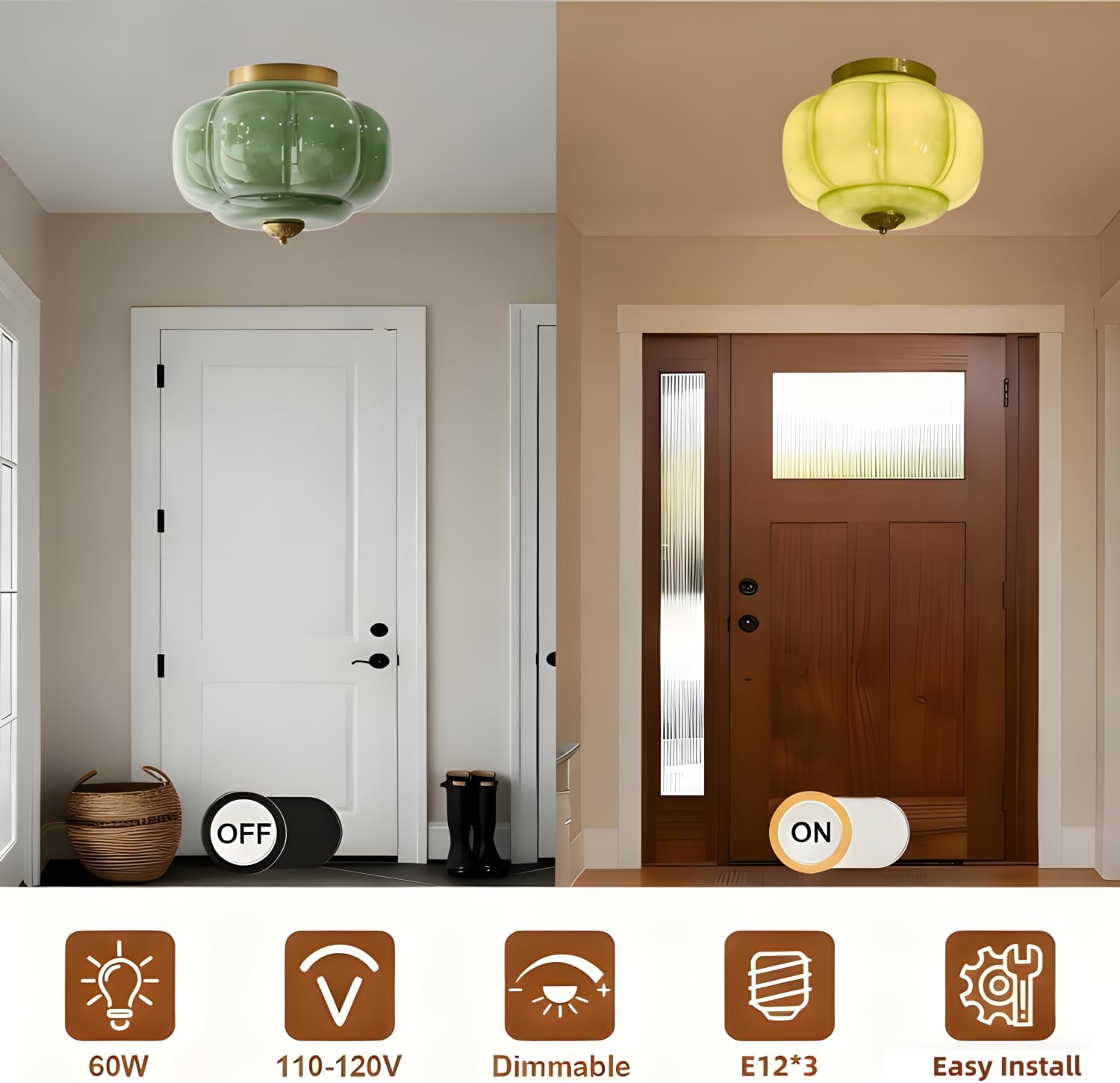 Bofea-Mid Century Semi Flush Mount Ceiling Light Fixture,Green Glass Hallway Light,Vintage Gold Ceiling Light,Antique Brass Lighting Fixture,Close to Ceiling Lamp for Kitchen Entryway Bathroom