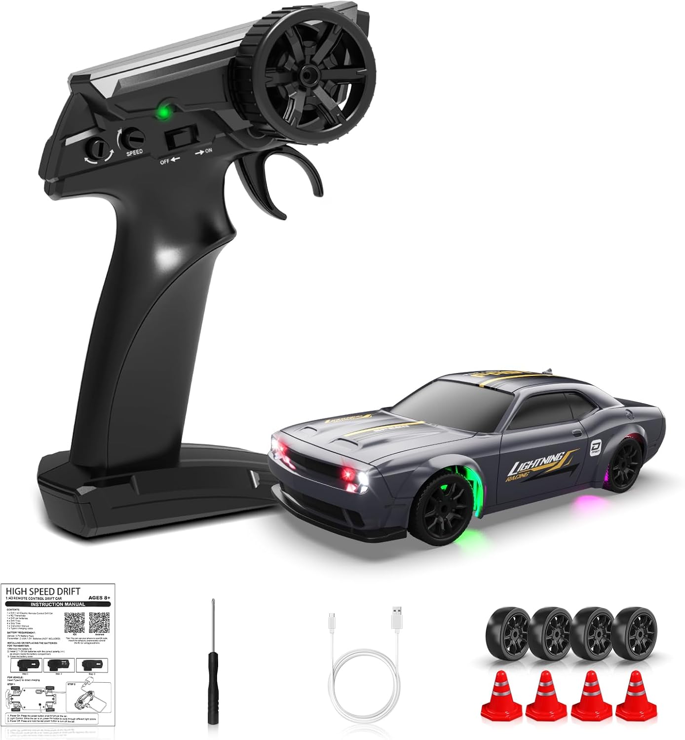 1/43 RC Drift Car, Mini Drifting RC Car with Gyro 2.4GHz Full Proportional Drift Cars 4WD RTR Remote Control Cars with Colorful Lights High Speed Fast Racing Vehicle Gift for Kids Boys Adults