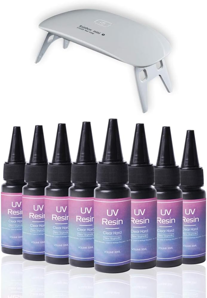 New Upgrade 8x30ml Transparent UV Resin Ultraviolet Solar Quick Curing 1min Epoxy Resin Glue for Resin Molds Jewelry Making DIY Crafts Pendants Earrings Bracelets, with 6W Portable Mini UV Lamp