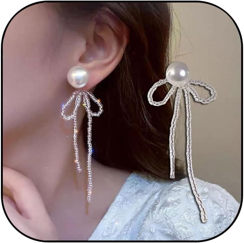 Peal Bow Dangle Earring for Women Ribbon Pearl Bowknot Earrings Small Pearls Beaded Bow Earring Trendy Christmas Jewelry Gifts